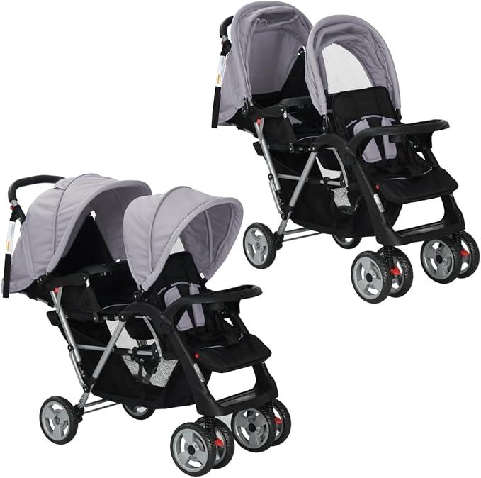 Tandem-Kinderwagen Geschwisterwagen Zwillingswagen Tandem Kinderwagen Zusammenklappbar Stahl Grau und Schwarz