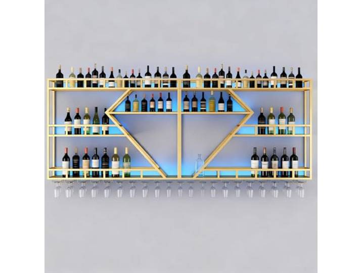 SPTZQURY Weinregal zur Wandmontage mit Wein Glashalter, 3 Lagiger Großes Industriell Schwebende Wandmontage Weinflaschenhalter, Bar Multifunktionaler Weinpareite Display Rack (Gold, 3 Tier,160cm)