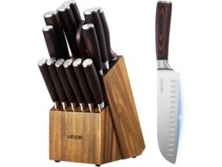 VEVOR Set Couteaux Cuisine avec Bloc et Fusil à Aiguiser 15 Pièces, Bloc de Couteaux en Acier Inoxydable à Haute Teneur en Carbone, avec Manche Ergonomique, Coutellerie pour Cuisinier Amateurs