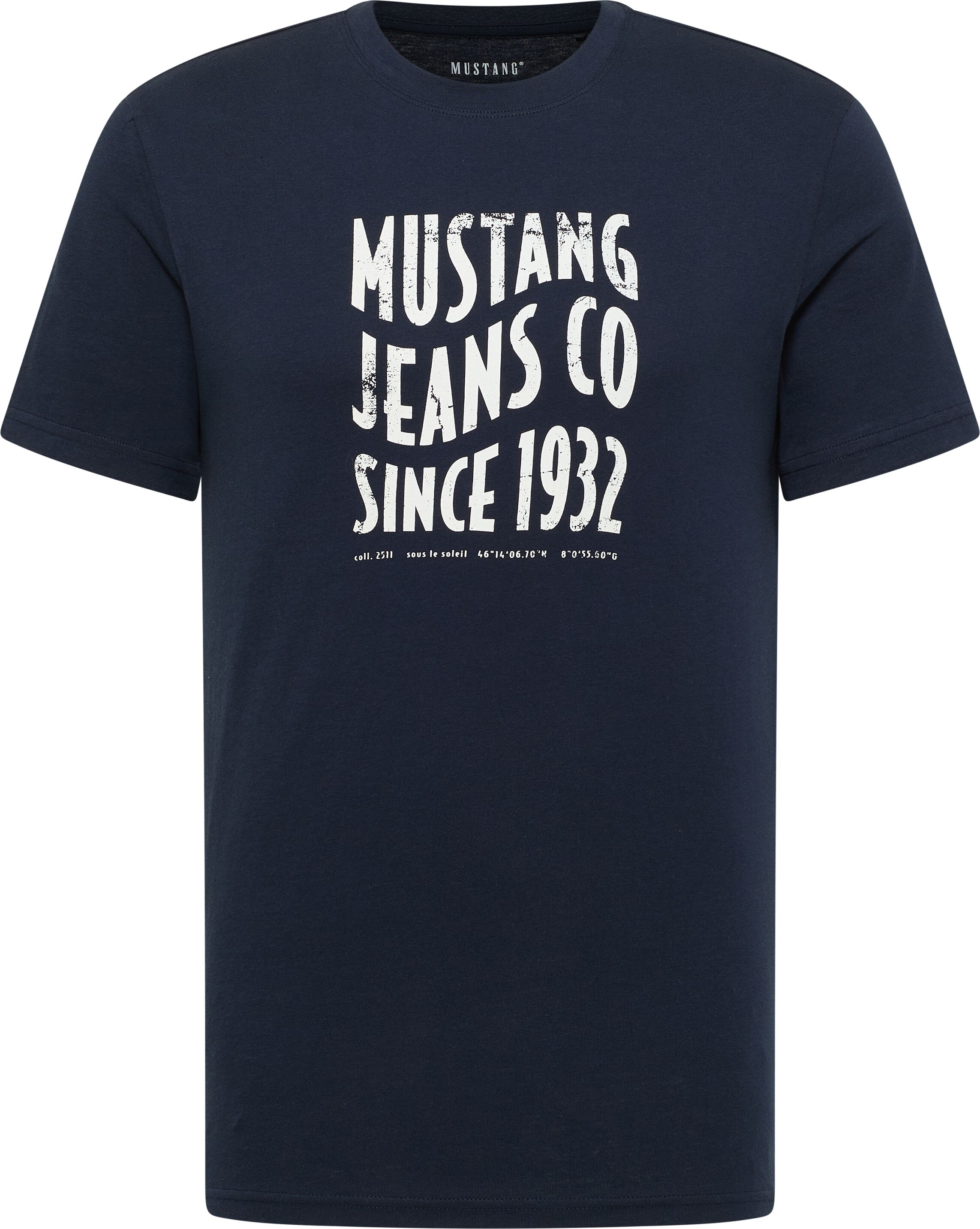 Kurzarmshirt MUSTANG "Style Austin", Herren, Gr. M, blau (schwarz saphire), Jersey, Obermaterial: 100% Baumwolle, bedruckt, normal hüftbedeckend, Rundhals, Shirts Kurzarmshirt, mit Logo-Print schwarz saphire M