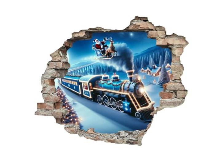 Queence 3D-Effekt Weihnachten ca. 60x50 cm Wandtattoo Wanddurchbruch Weihnachten Durchbruch selbstklebendes Wandbild Wandsticker Tattoo (Lokomotive)