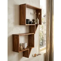 Wandregal Set MUMBAI Massivholz Hängend Landhausstil, Dunkelbraun 50x13x49 cm