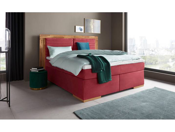 Boxspringbett, Rot, 190x206 cm, Luxus-Microfaser, Mit LED-Beleuchtung, Modern