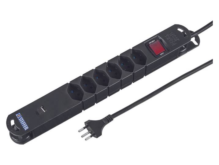 Steffen Steckdosenleiste Variabl 6xT13 + 1xUSB-A + 1xUSB-C PD 18W 3m mit Schalter schwarz