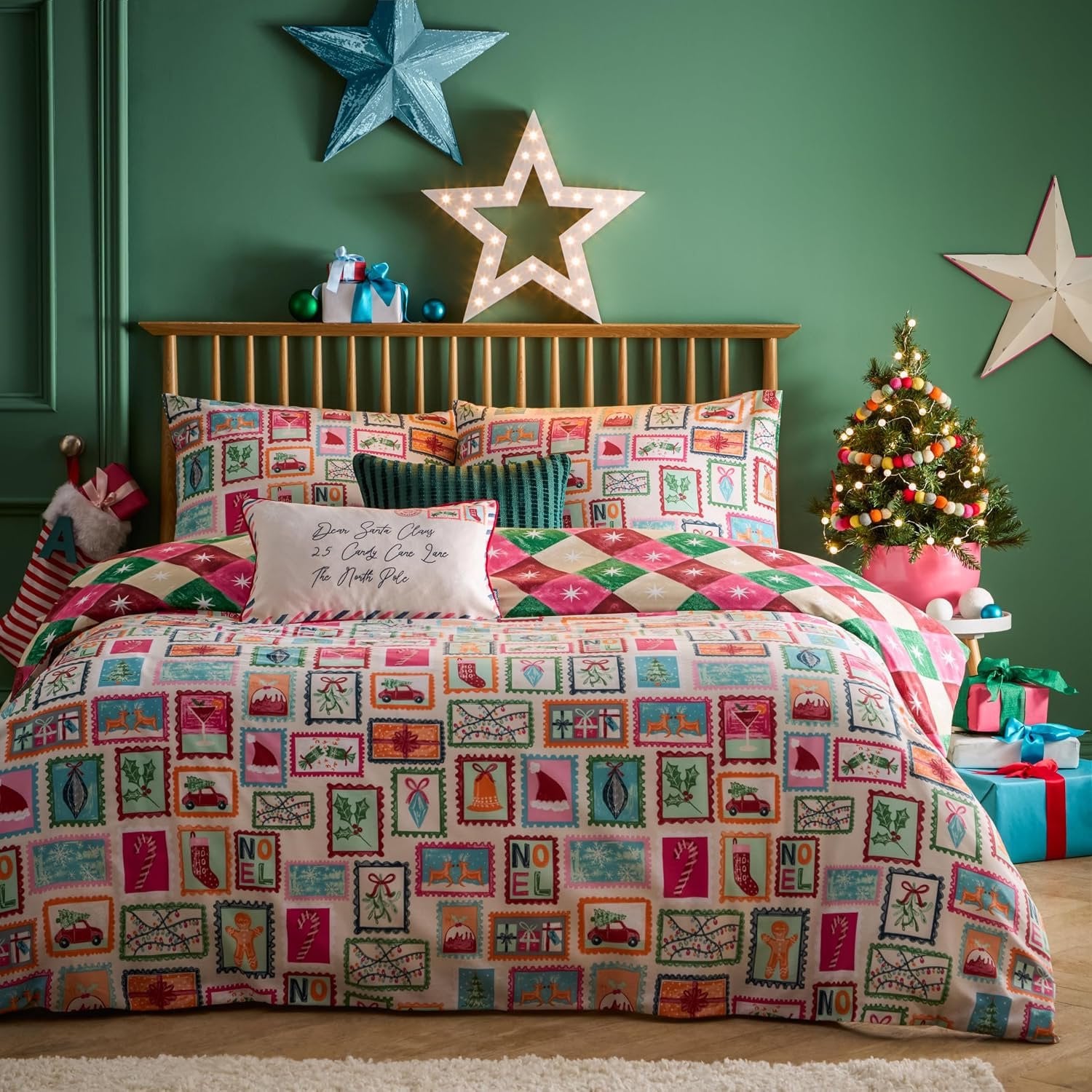 Santa Dekbedovertrek Set - Omkeerbaar Geometrisch Kerstbeddengoed met Postzegels Design - Veelkleurig - Tweepersoons