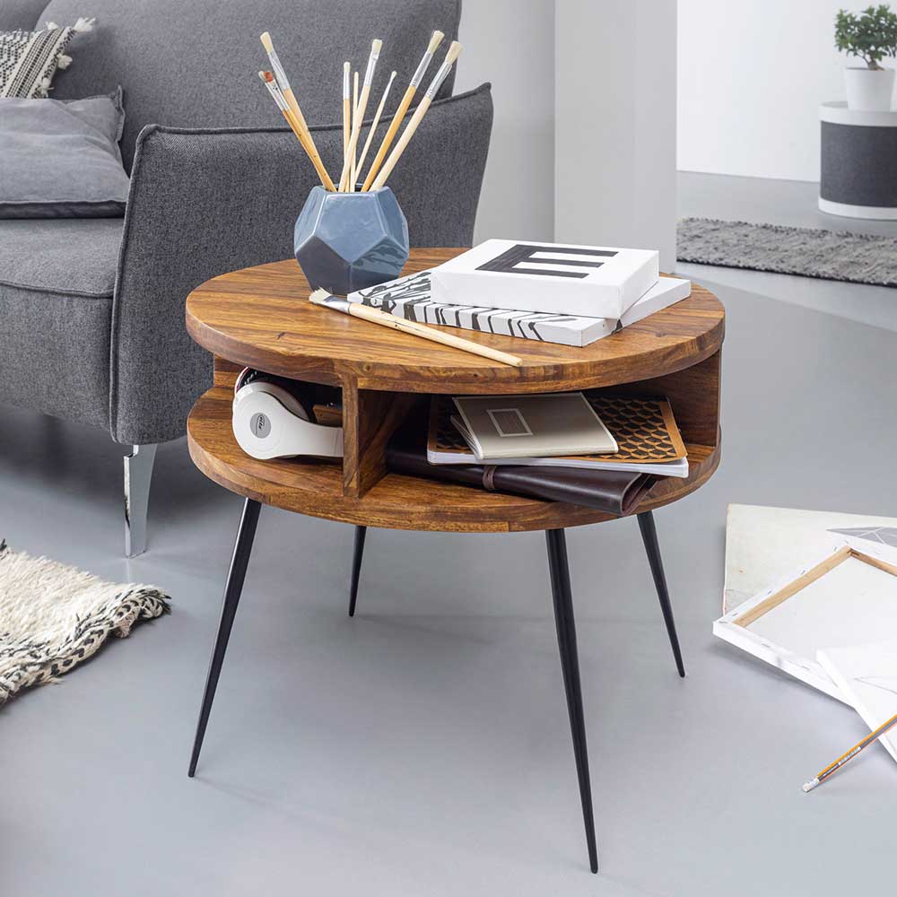 Pharao24.de Rundtisch aus Sheesham Massivholz und Edelstahl 60 cm breit