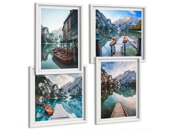 Tulup Bilder SET 4er Set - 50x50 cm & 40x60 cm Weißer Rahmen - See Berge Holzboote, Kunststoff, Rechteckig, 50x50 cm, Fotografie, Bilder & Rahmen, Bilder