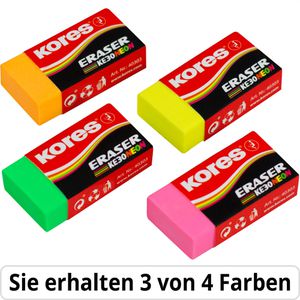 Kores Radiergummi KE-30 Neon, 40313, für Bleistifte, sortiert, PVC, 3 Stück