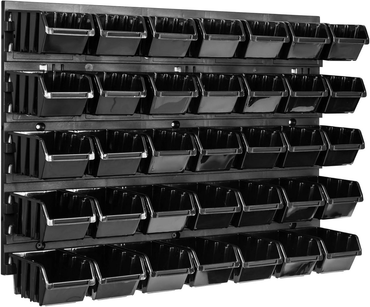 LTPRTZ Opbergsysteem Wandrek met 35 Zwarte Plastic Stapelboxen - Breedte: 57,6 cm, Diepte: 39,0 cm
