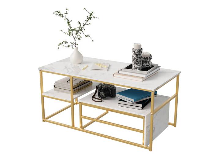 Shopentra Couchtisch quadrat marmoroptik weiß goldgestell 2teilig, Mehrfarbig, Metall, 52x48.5x105 cm, Wohnzimmer, Wohnzimmertische, Couchtische