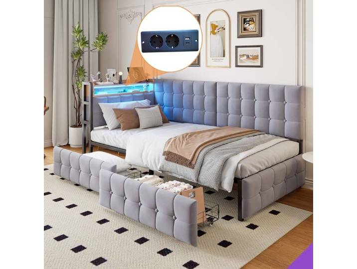 Canapé-lit rembourré 90x200 gris avec rangement LED et ports USB convertible en lit