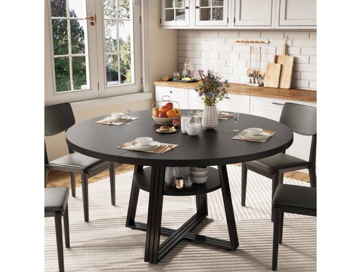 Table à manger ronde - LUNSY - 120 cm - 4 à 6 personnes - Étagère de rangement intégrée - Piètement circulaire en métal