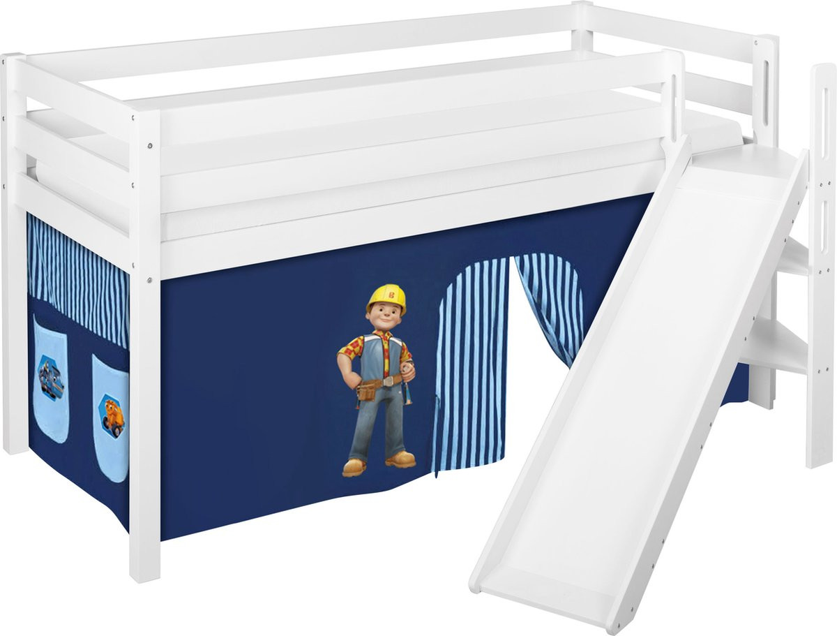 Halfhoogslaper Bob de Bouwer met tent en schuine glijbaan, massief hout, 90x200 cm