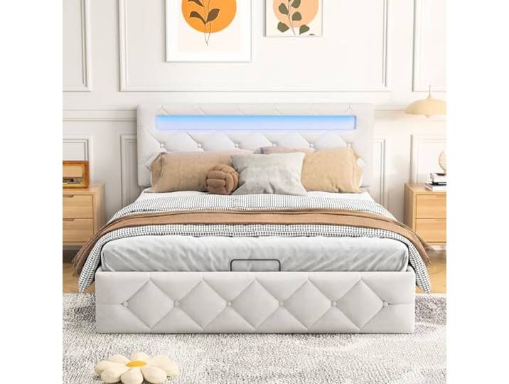 Bett mit Stauraum, 160 x 200 cm mit Lattenrost, Doppelbett mit Stauraum, gepolstertes Bett mit LED-Beleuchtung, großer Stauraum, Doppelbett für Erwachsene aus Samt (140 x 200 cm)