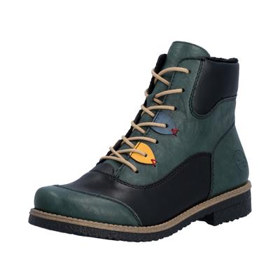 Schnürstiefelette RIEKER, Damen, Gr. 36, wärmend, grün (petrol), Lederimitat, Schuhe Schnürstiefelette, Boots, Schnürboots, Blockabsatz mit bunten Applikationen