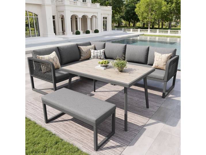 Salon de Jardin Tressé Main 6-8 Places Canapés Modulables et Table Basse pour Jardin et Terrasse Housses Épaisses Détachables gris