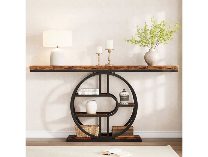 Console rétro étroite 120cm cadre métal arrondi 5 étagères plateau renforcé couloir salon