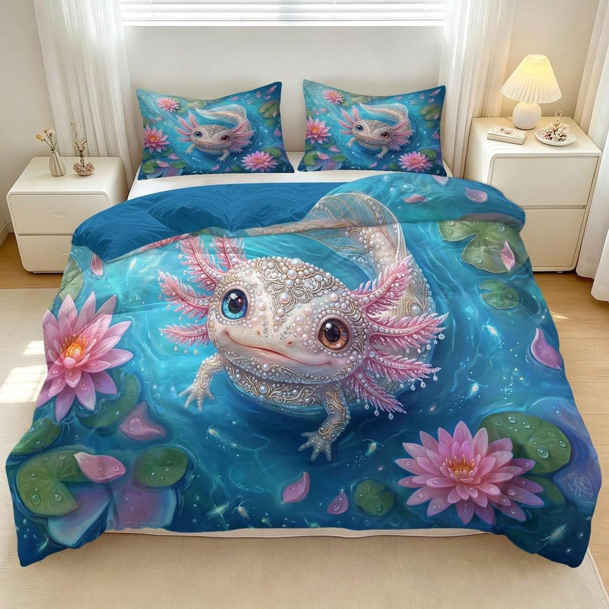 Omkeerbaar Dekbedovertrek Axolotl met 3D Patroon - Blauw - 140 x 200 cm