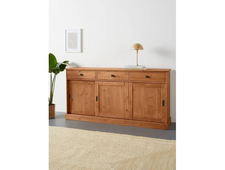 loft24 Sideboard Meghan - Anrichte Schrank Küchenschrank Credenza Mehrzweckschrank, 3 Schubladen, 3 Schiebetüren, Kiefer, Landhausstil
