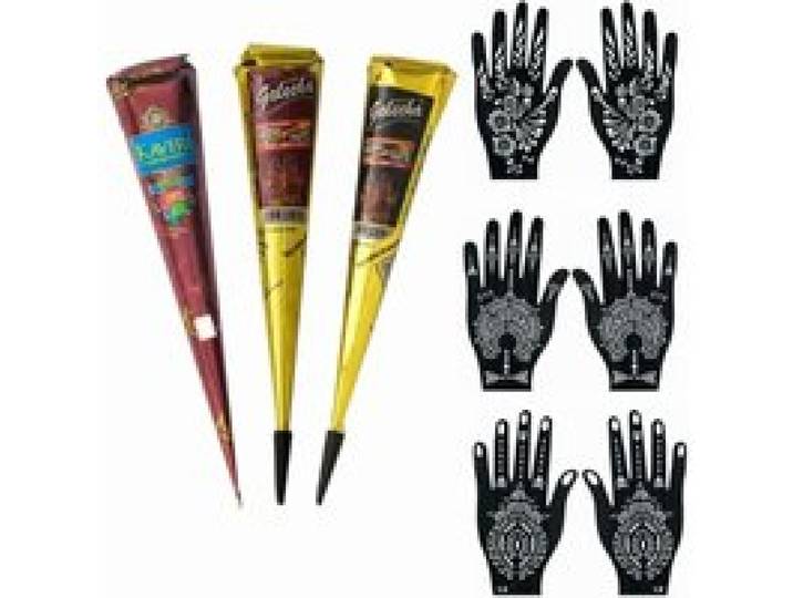 Hennataattoo-set, 3 hennapasta's + 6 tijdelijke tattoo-sjablonen, waterdichte hennataattoo's voor & mehendi-ontwerpen
