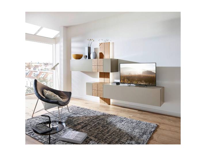 Ambiente Wohnwand Quadra, Taupe, Eichefarben, Holz, Eiche, furniert, 286x190x42 cm, Holzmöbel, Wohnwände Holz, Wohnwände Holz