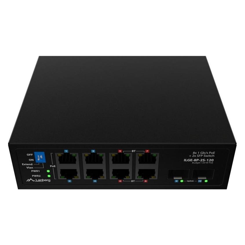 Lanberg switch light industrial POE 4xBT 4xAT 2xSFP DIN niezarządzalny gigabit ethernet (8 Ports) (ILGE-8P-2S-120)