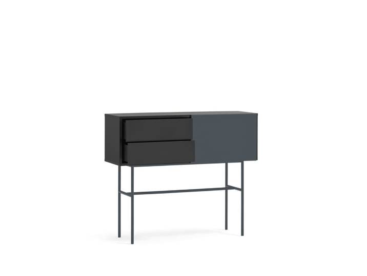 Console 2 tiroirs porte coulissante laquée noir gris 110x90 cm