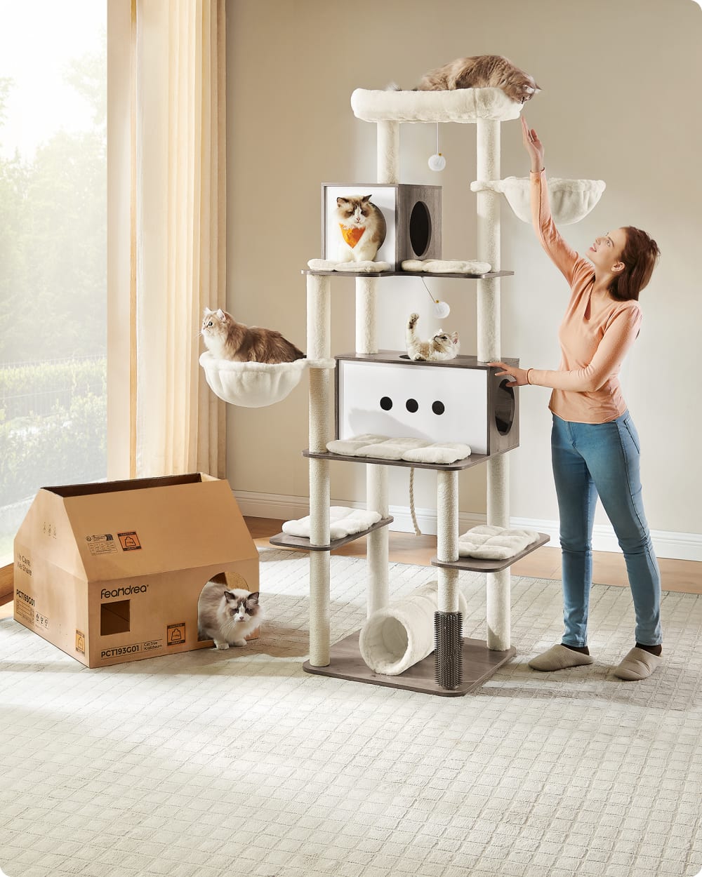 FEANDREA Arbre à chat moderne xxl grande tour à chat pour grands blanc et crème Gris 60x197x60cm