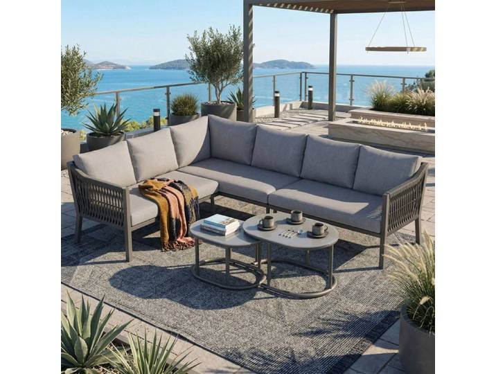 Salon de jardin - avec canapé d'angle - deux tables basses - fer galvanisé - 6 personnes - Gris
