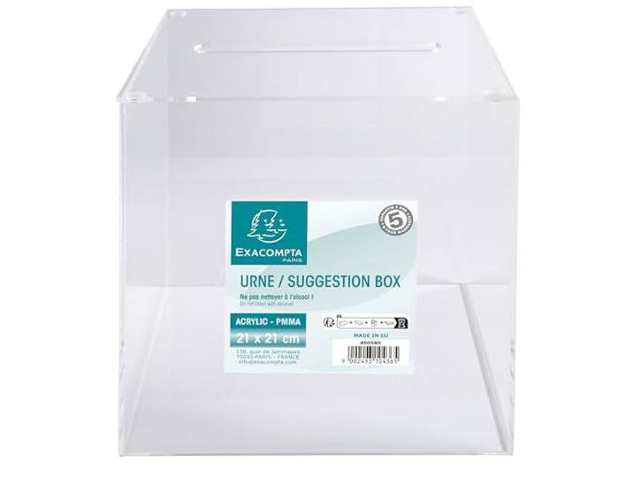 Exacompta - Réf. 89058D - 1 Urne transparente avec couvercle 21 cm - Dimensions 210 x 210 x 210 mm - PMMA (acrylique) scrutins\, concours\, tombolas\, dons caritatifs\, boîte à idée - Couleur Cristal