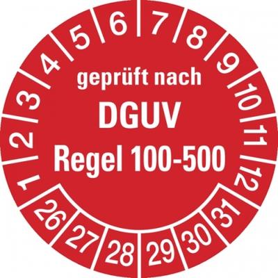 König Werbeanlagen Prüfplakette ab 26, DGUV Regel 100-500, rot/weiß, Folie, Ø 30 mm - Bogen = 10 Plaketten - 30 mm Folie selbstklebend