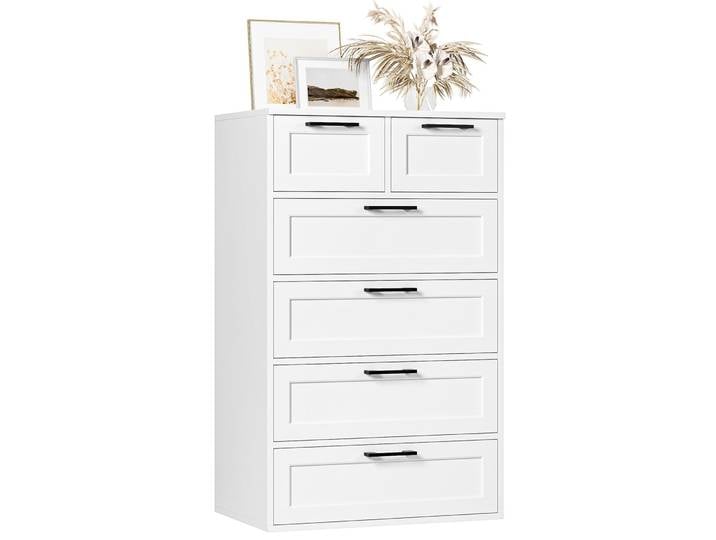 Commode blanche, commode de chambre à coucher avec 6 tiroirs, grande commode, meuble de rangement pour le salon, la chambre à coucher ou le couloir.
