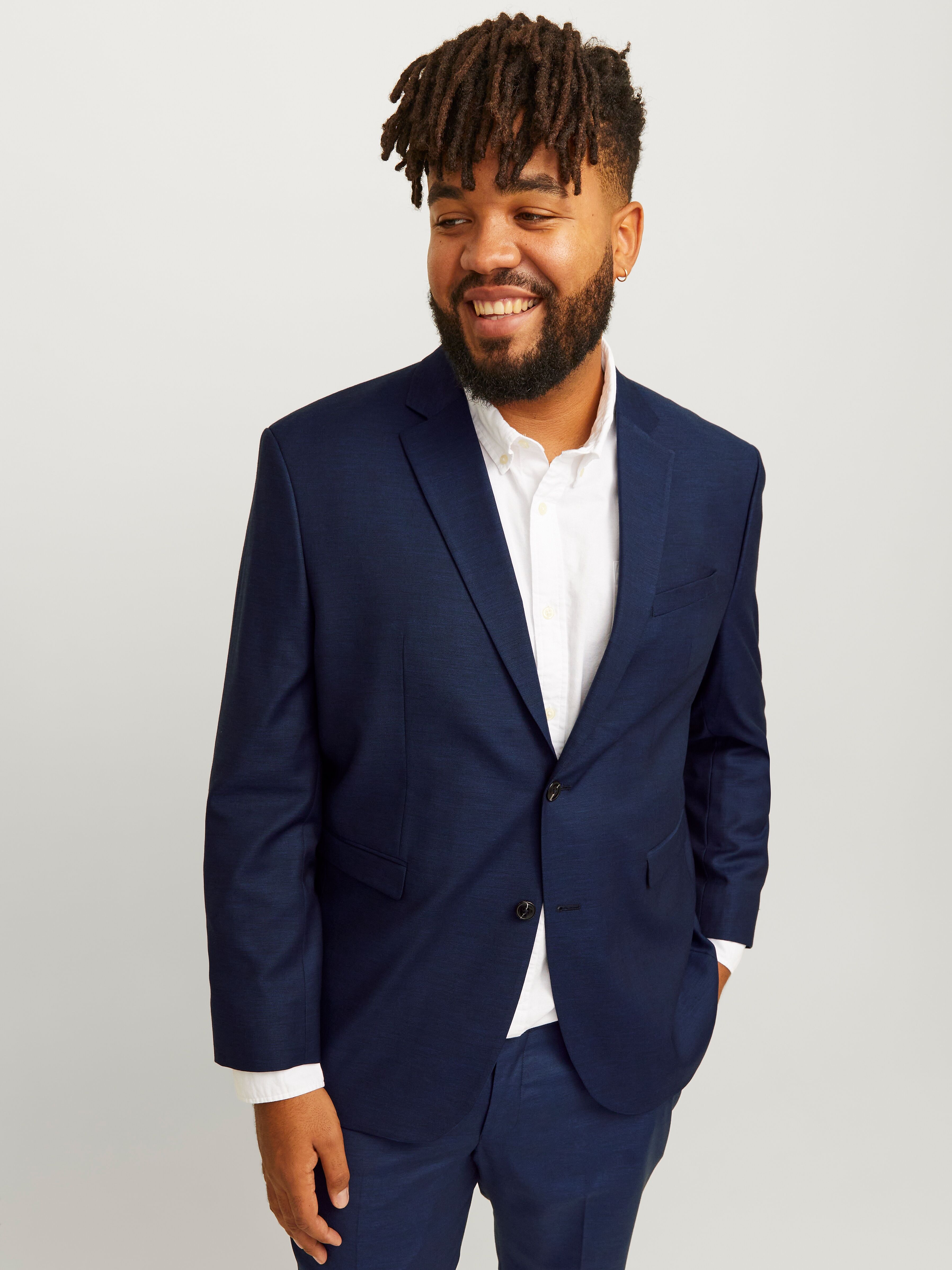 Sakko "JPRSOLARIS BLAZER NOOS PLS", Herren, Gr. 60, blau (schwarz navy), Web, Obermaterial: 59% Polyester, 24% Wolle, 16% Viskose, 1% Elasthan, JACK & JONES PLUSSIZE, unifarben, slim fit, Sakkos Sakko schwarz navy 60