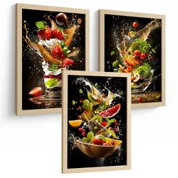 POSTER 3er Set Küchen-Wandbilder Dessert Salat und Obst Splash Fotografie Schwarzer Hintergrund Esszimmer Leichter Holzrahmen A4