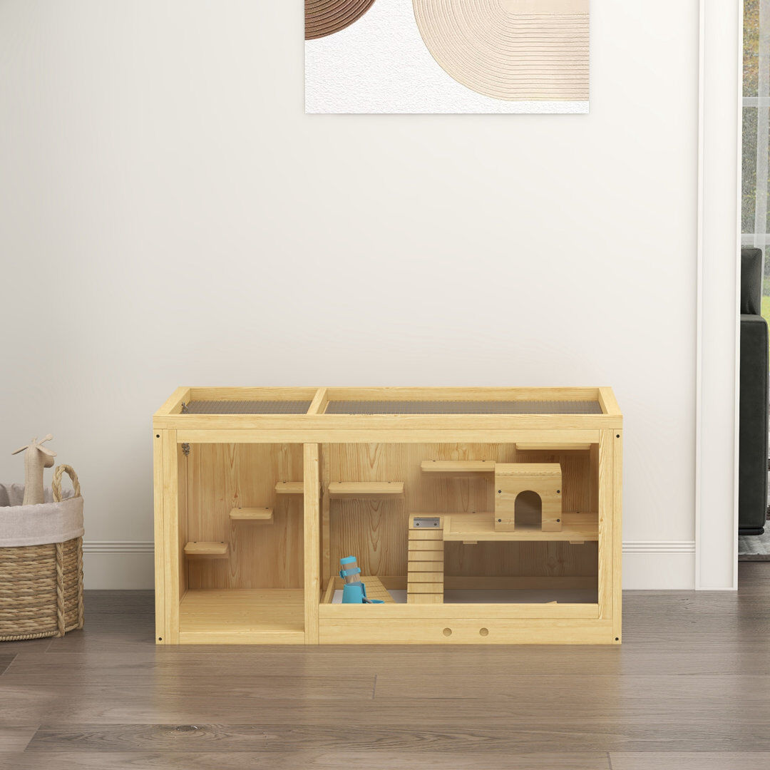 PawHut Wooden Hamster Cage with Water Bottle Platforms Openable Roof Natural 50cm H X 100cm W X 50cm D