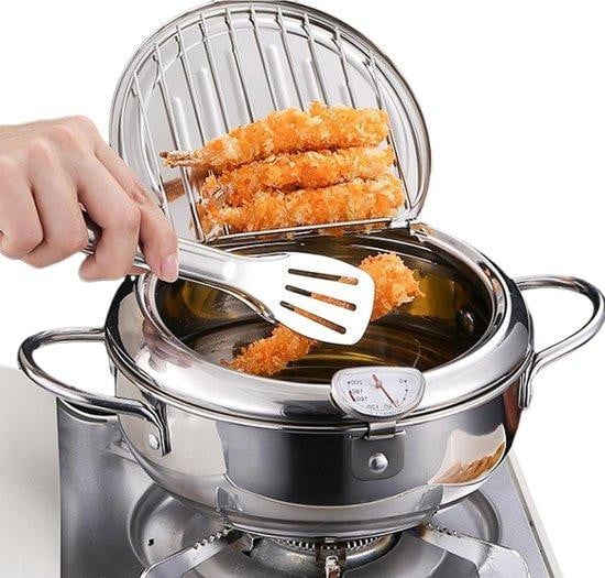 Japanse friteuse met thermometer en afdruiprek, 20 cm, Zilver