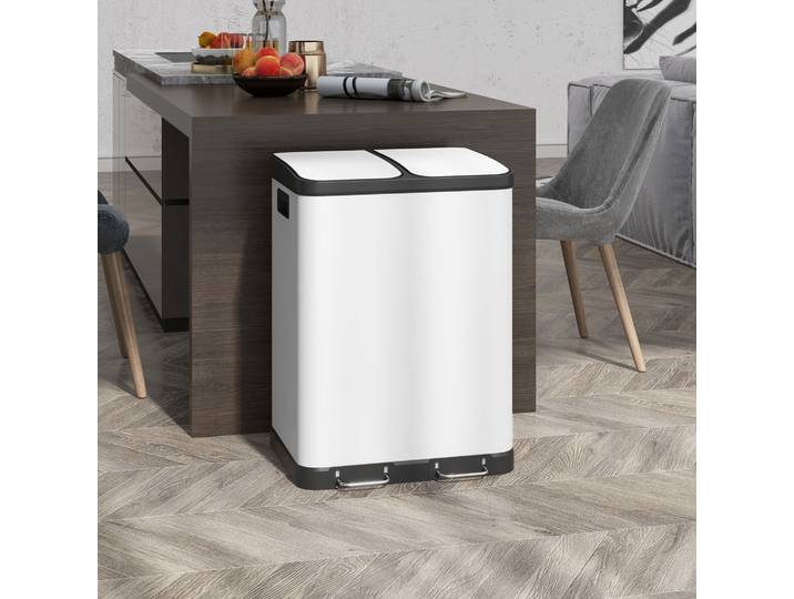 HOMCOM Poubelle Cuisine 60L 2x30L Acier Inox Blanc