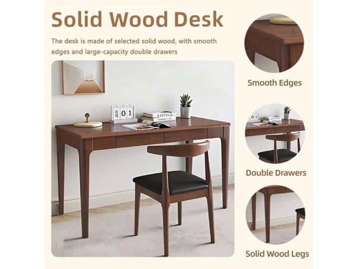 Bureau écriture bois massif noyer 120×55×75cm style mid-century deux tiroirs bords arrondis stable chambre bureau espace