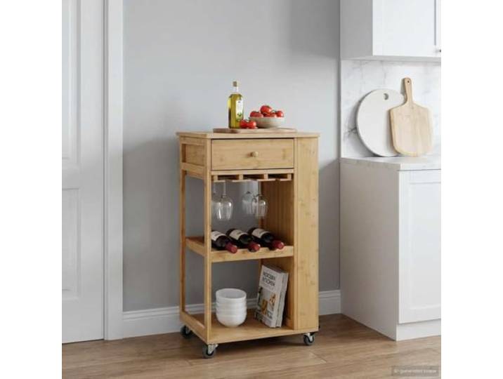 GKDERWTYG Küchenwagen mit Rädern Natur 47,5 x 36 x 83 cm Bambus Trolley 3-stufiges Ablagesystem, 360° Lenkrollen mit 2 Bremsen, pflegeleichte Bambusoberfläche, Indoor Einsatz