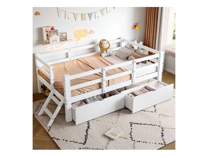 STILVORA Hochbett 90x200 mit Schubladen,Kinderbett Bettgestell mit Schutzgeländer (Kinder-Plattformbett aus Kiefernholz & MDF mit halbgeschlossenem Schutzgeländer, 2 Schubladen & hoher Stabilität, 1-St., 90x200)