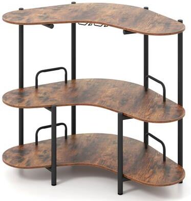 Costway 3-Tier Liquor Bar Table with Stemware Racks and Storage Shelves-Rustic Brown
