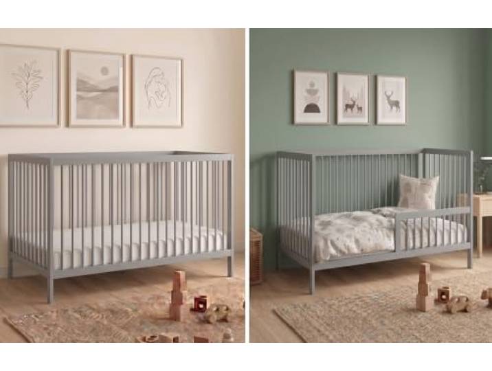 Kids Collective Babybett Kinderbett Gitterbett mit Rausfallschutz Baby Bett stabiles Buchenholz Juniorbett Made in Europe Kinderzimmer Jugendzimmer Möbel 70x140 cm Grau