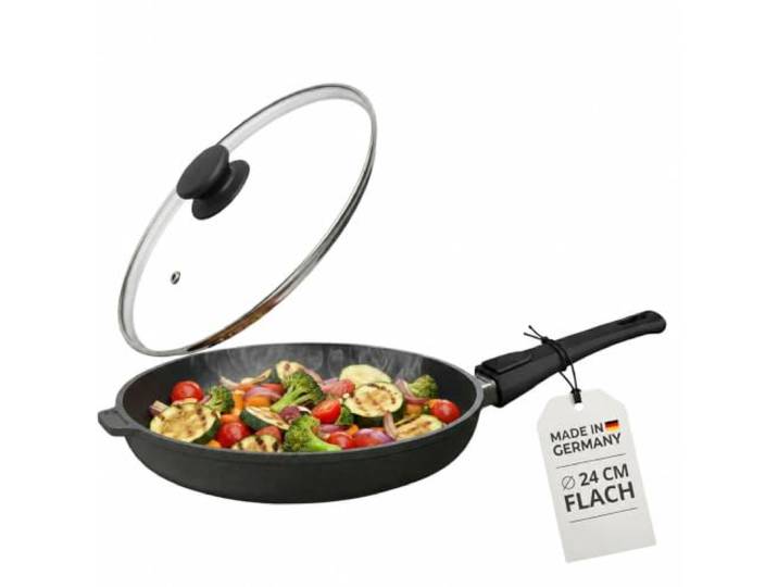 Lieblingspfanne Bratpfanne 24 cm Ø - flacher Rand 5 cm - Für alle Herdarten & Induktion - mit Glasdeckel & 4D Antihaft-Veredelung- für krosses Anbraten & Röstaromen - 100 Tage testen - inkl. E-Book