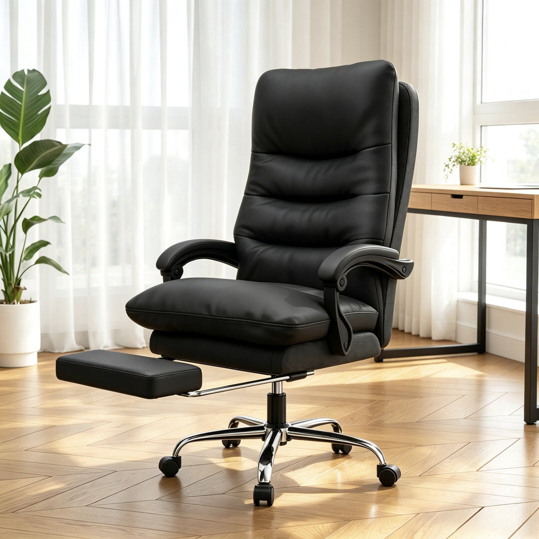 Inbox Zero Ergonomic High Back Office Chair with Footrest, Faux Leather Executive Desk Chair Black 70cm W X 70cm D