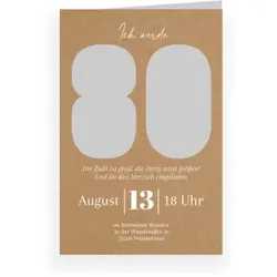 Einladungskarte Geburtstag: Ausgestanzte 80 mit Fotos in Kraft Look