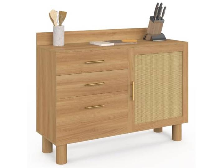 IDMarket - Niedriges Küchenbuffet 120 cm Denise aus Rohrgeflecht Arbeitsplatte, Höhe 83 cm, 1 Tür + 3 Schubladen