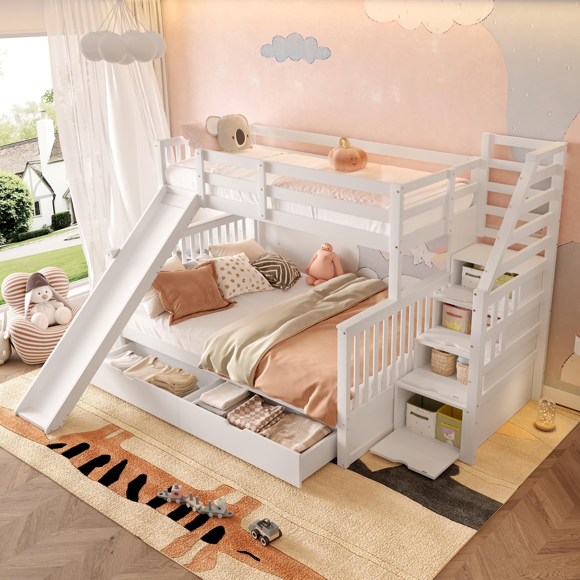 STILVORA Etagenbett 90/140x200 Stockbett multifunktionales Kinderbett mit 2 Schubladen und Rutsche,Jugendbett aus massives Kiefernholz,Weiß (ohne Matratze)