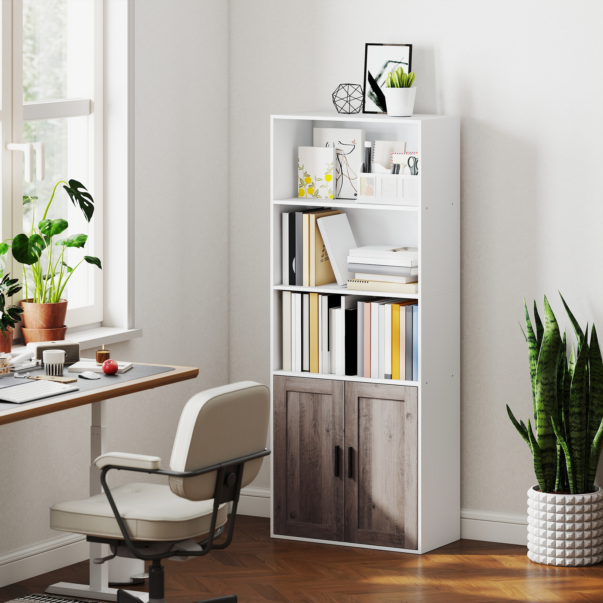 Homcom Libreria con Mensole Aperte e Armadio con Ante, 60x30x149,5 cm, Bianco e Marrone   Aosom Italy