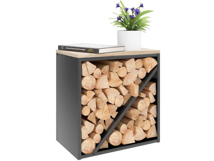 ComfortXL Kaminholzregal De-10193 2-in-1 mit Trenner, 100 kg Schwarz, Metall, 36x60x58 cm, Kleinmöbel, Kamine & Zubehör, Kaminholzregale