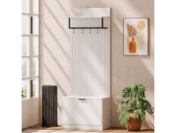 HOMCOM Porte-Manteau 5en1 Banc Chaussures Tiroir Étagères Blanc